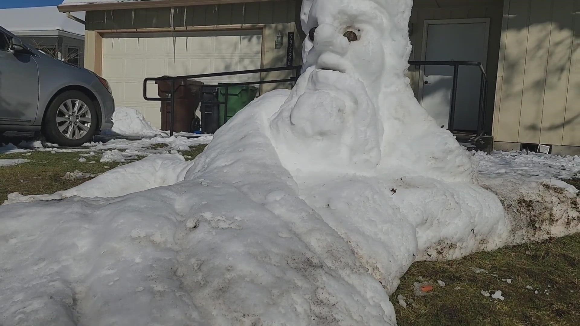 A snow sculpture sits in front of a home in St. Helens, Oregon
Credit: Yohannes