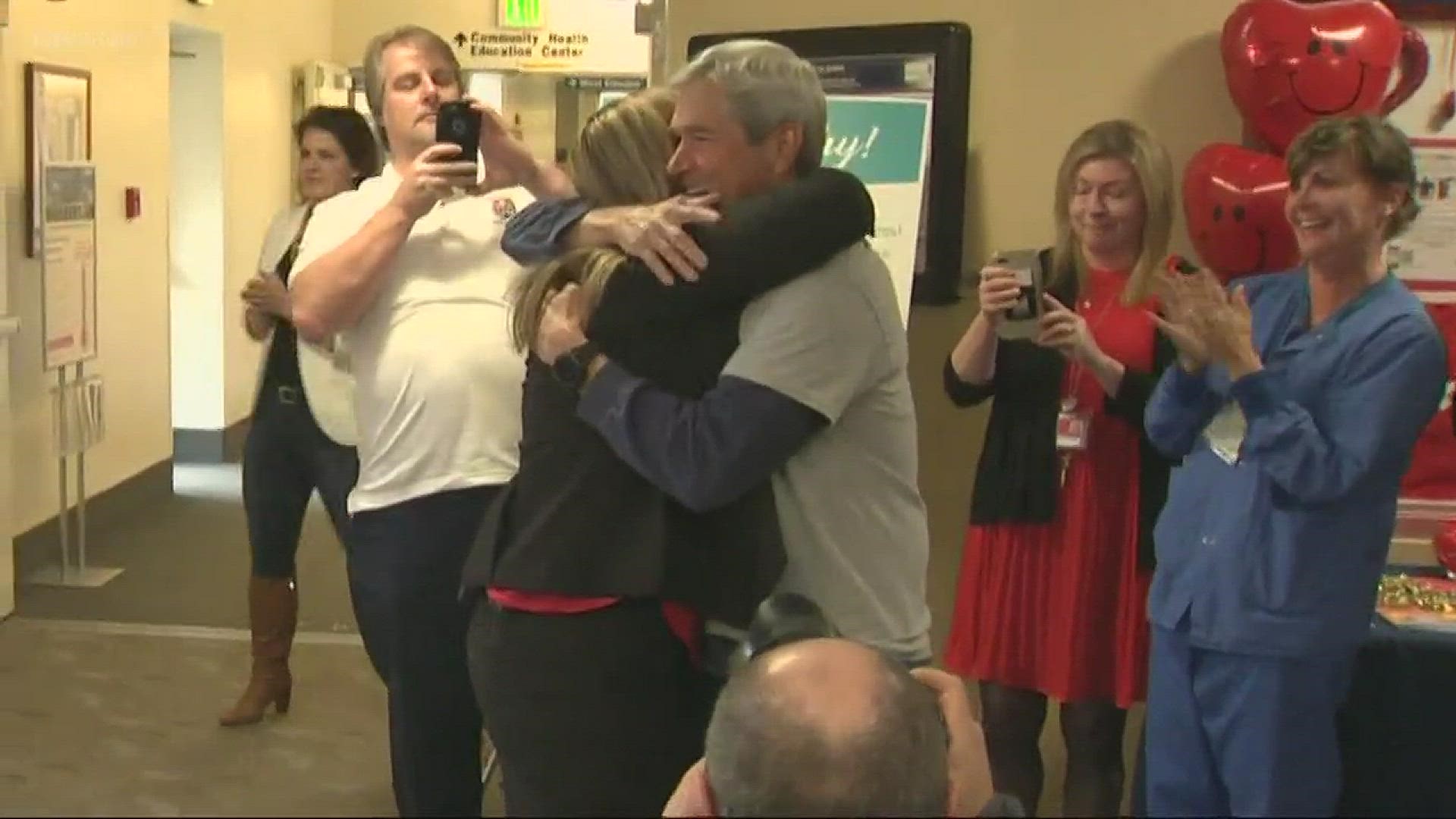 A runner and a nurse who helped him during the Portland marathon reunited.