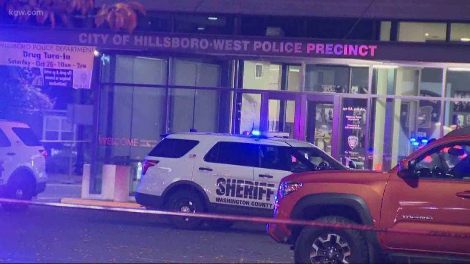 One person is dead in a police shooting outside a police station in Hillsboro. The person was shot dead during an encounter with officers, police said.