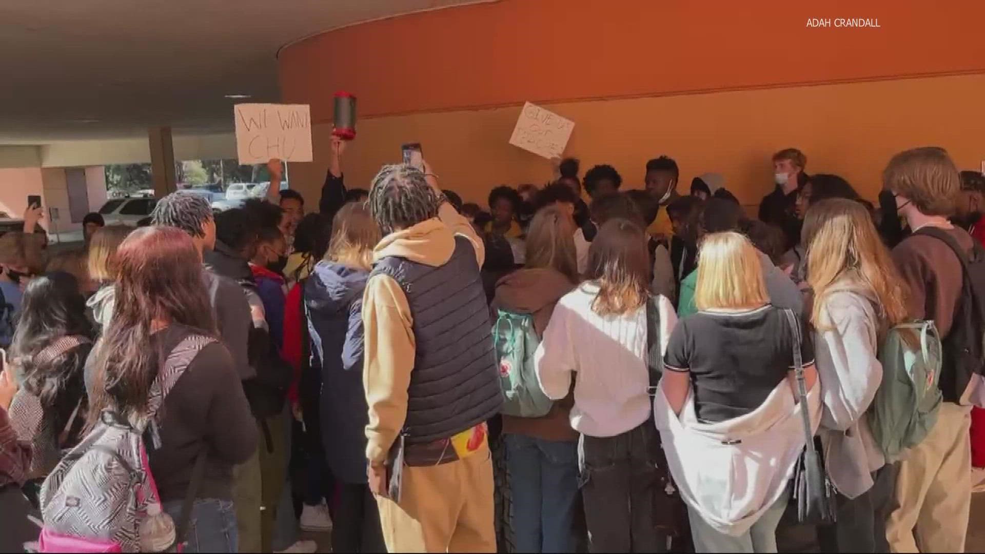 On Wednesday, a group of Harriet Tubman Middle School students staged a walkout in support of social studies teacher, Bryan Chu.