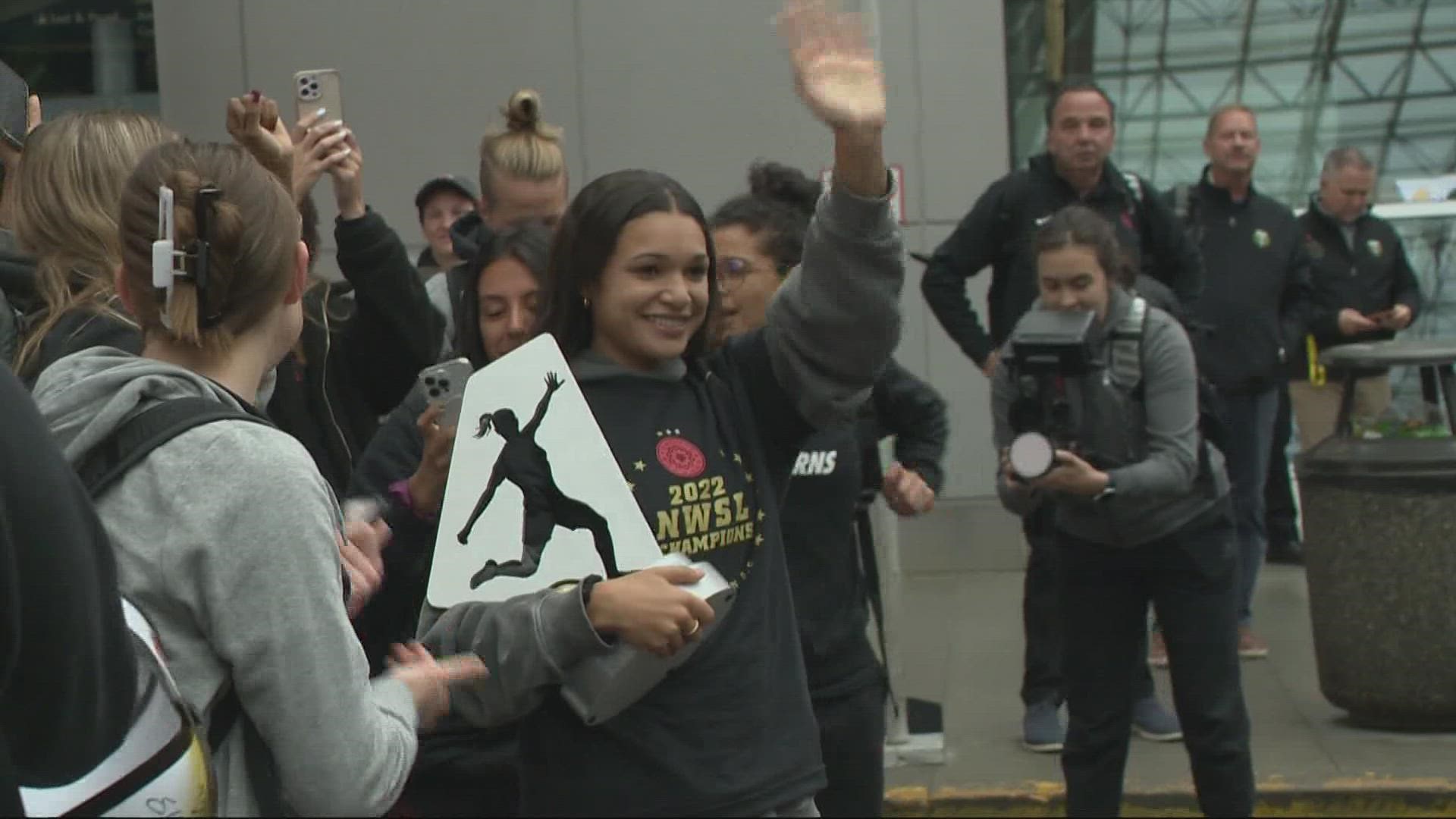 Fans gathered at Portland International Airport on Oct. 30 to celebrate the Thorns after their NWSL championship victory. They beat the Kansas City Current 2-0.