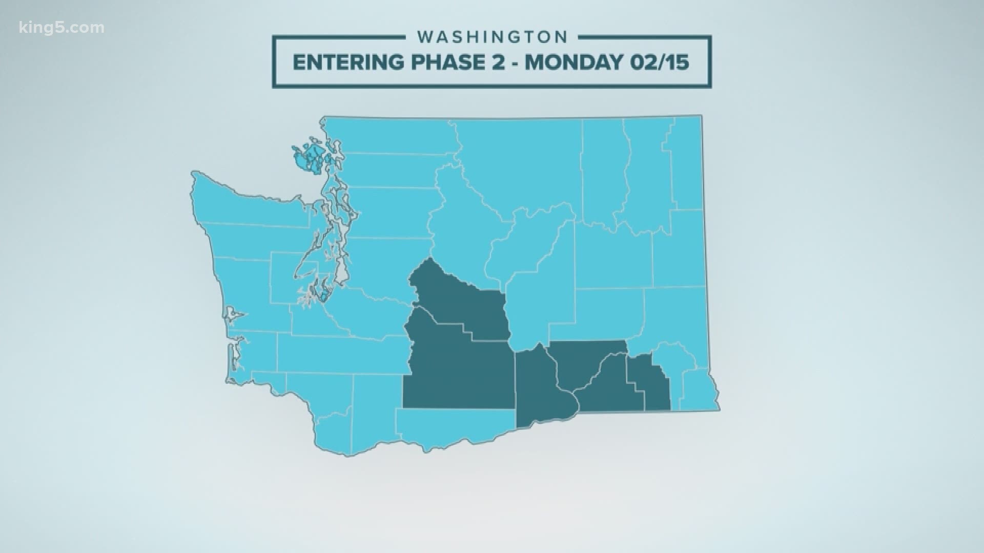 All of Washington state, except counties in the South Central region, will be in Phase 2 of reopening, effective Sunday, Feb. 14.