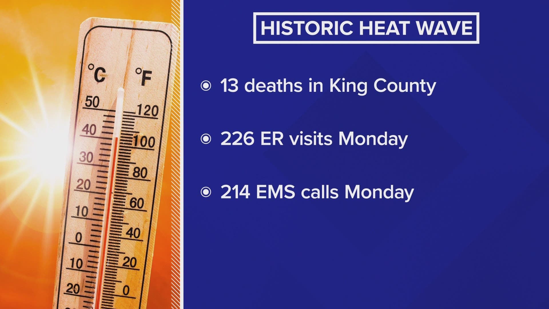 Thirteen people died in King County from heat-related illnesses, and more than 200 others visited emergency departments for problems related to the heat.