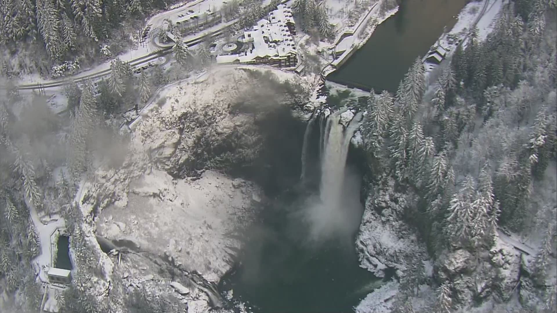 KING 5 helicopter SkyKING flew over a snow-covered Snoqualmie Falls on Tuesday, Jan. 14, 2020 - https://www.king5.com/article/weather/weather-blog/timeline-cold-temp