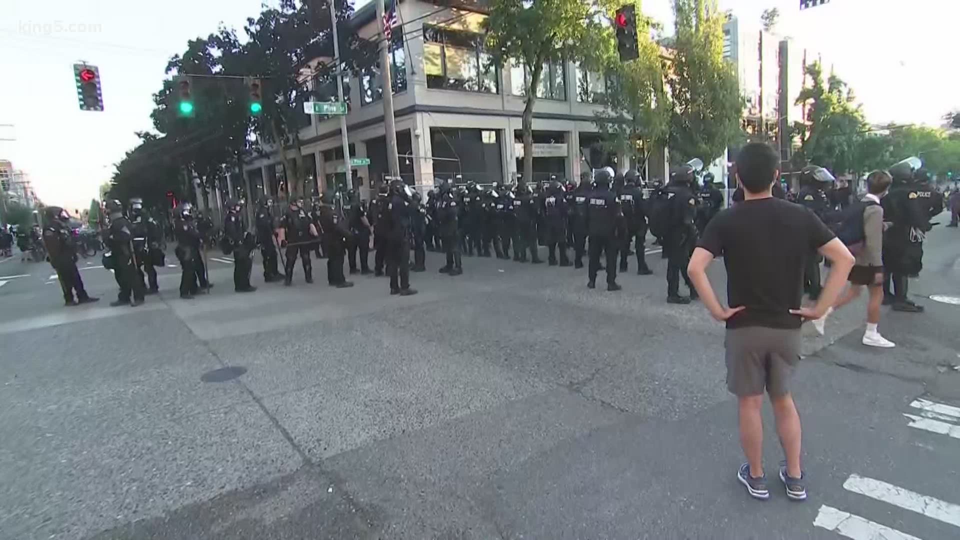 Dozens of protesters remain on Capitol Hill, but the crowd has begun to dissipate. Protests remained peaceful on July 26, 2020.