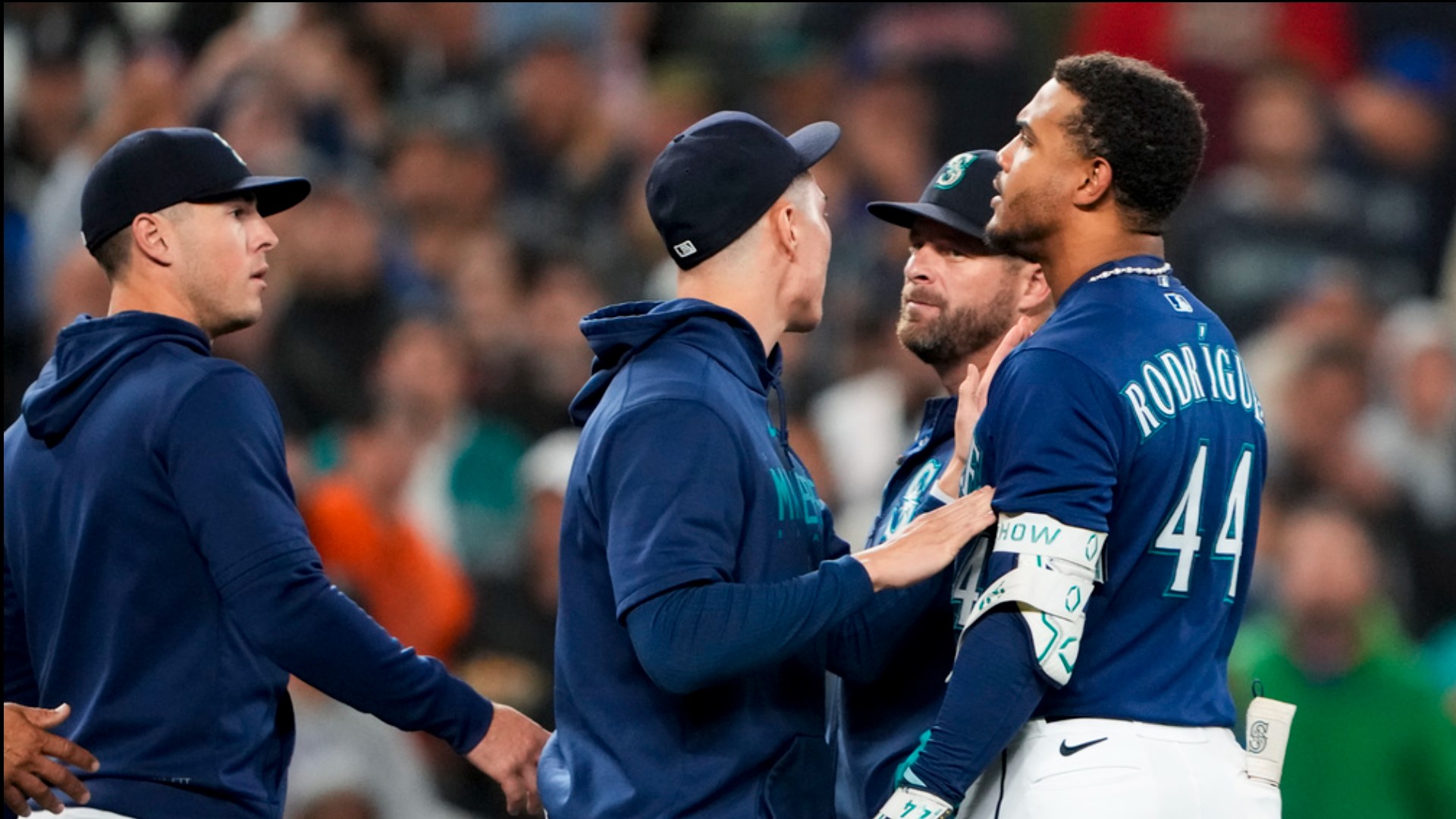 Benches cleared after Rodriguez struck out against Neris on Wednesday night. This was the third benches-clearing incident between the Mariners and Astros this year.