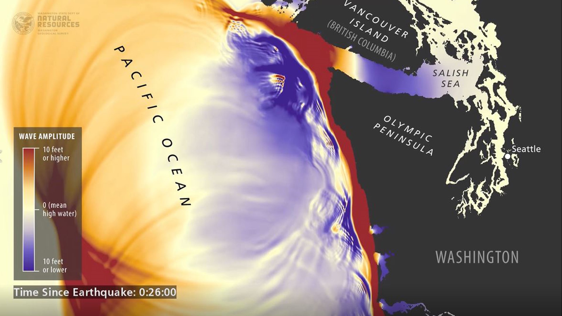 A simulation for Washington state shows the path of a tsunami from a hypothetical magnitude 9.0 earthquake scenario on the Cascadia subduction zone.