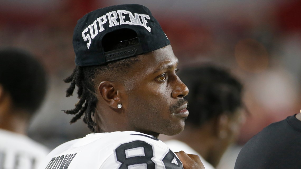 Oakland Raiders wide receiver Antonio Brown (84) warms up prior to an NFL  football game against …