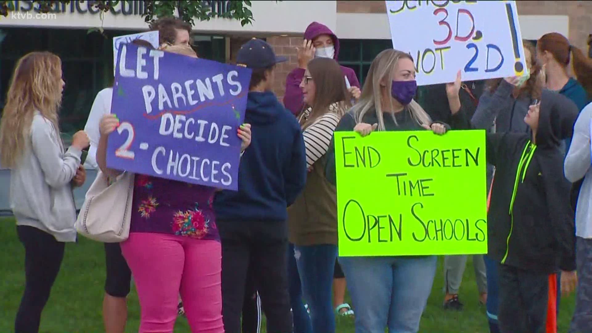 The protesters outside the West Ada district office said they are unhappy with the decision to start the school year with remote learning.