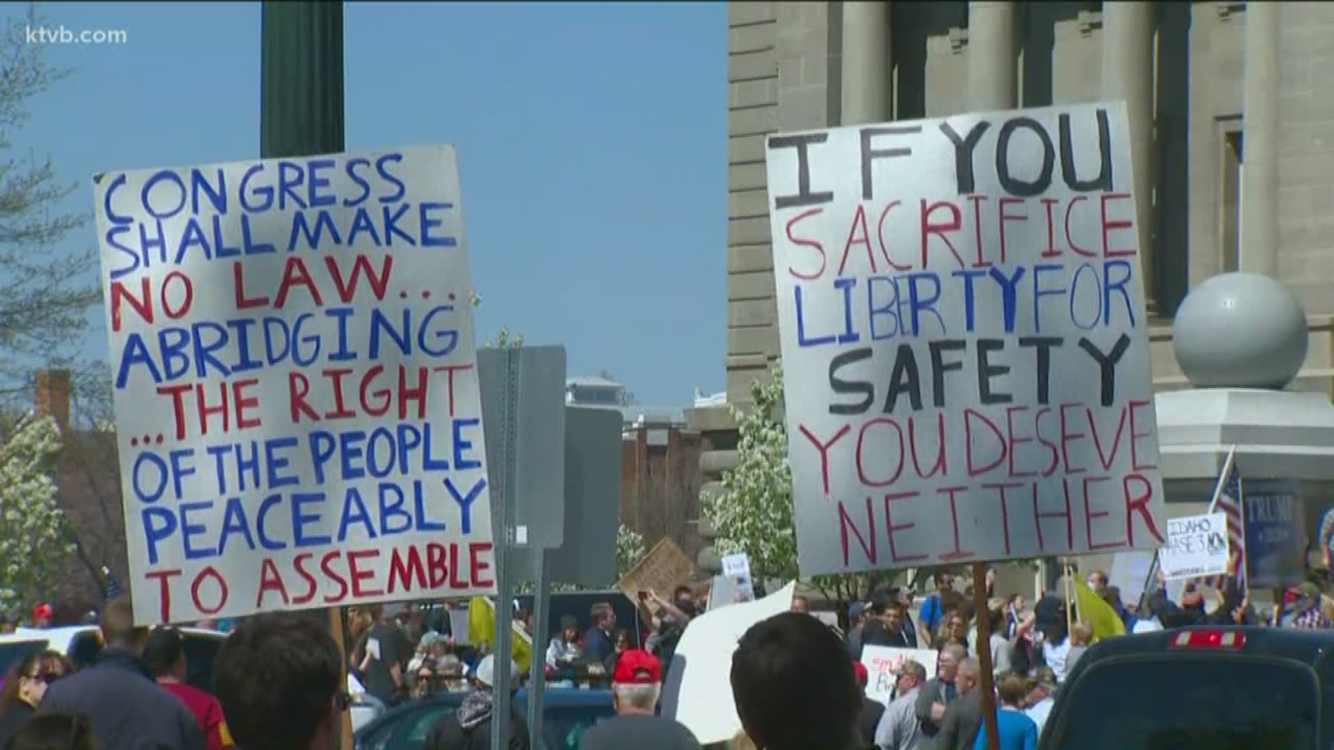 After Idaho Gov. Brad Little extended the statewide stay-at-home order through the end of April, hundreds of people gathered in front of the Capitol to protest.