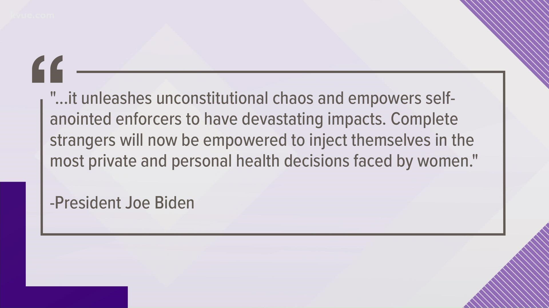 Biden called the Supreme Court's refusal to block the bill an "unprecedented assault on a woman's constitutional rights."