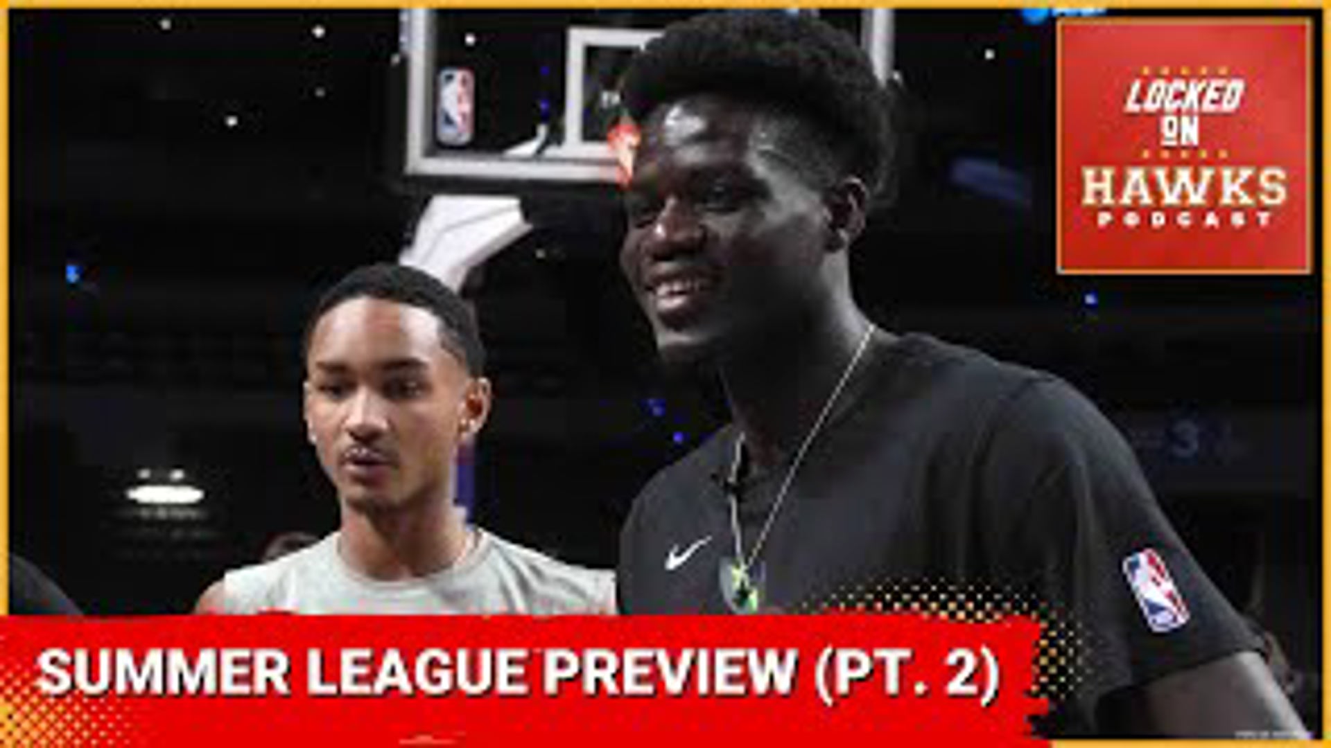 The conversation focuses on the Atlanta Hawks at NBA Summer League, including Zaccharie Risacher, Nikola Djurisic, Kobe Bufkin, and Mo Gueye.