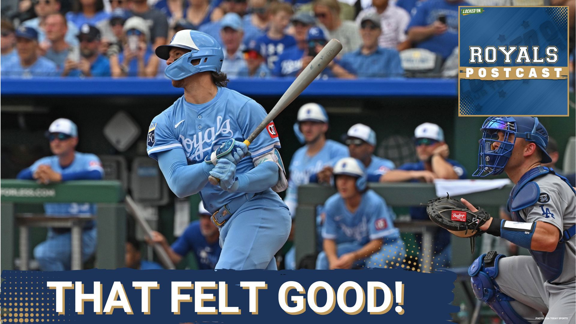 Chance Liebau reacts to game two between the Kansas City Royals and Los Angeles Dodgers.