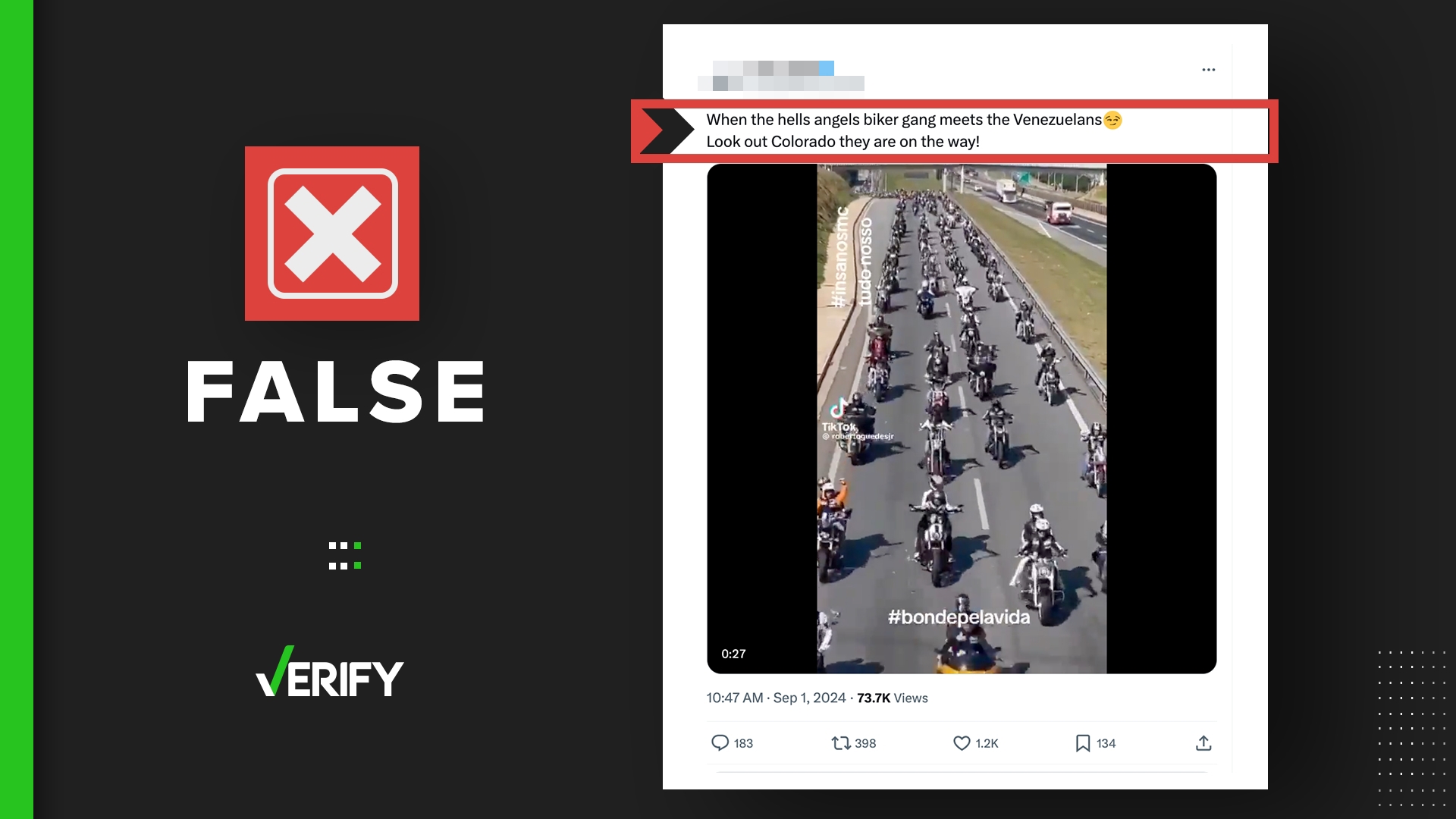 Viral video claiming to show Hells Angels going to Aurora, Colorado, was actually taken in Brazil and shows the Insanos Motorcycle Club.