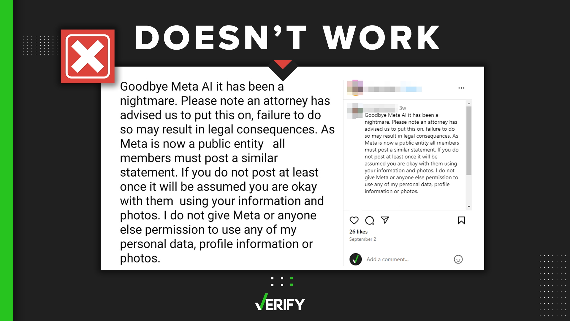 No chain message shared on Instagram, Threads or Facebook has the power to stop Meta from using your public posts and photos to train its artificial intelligence.