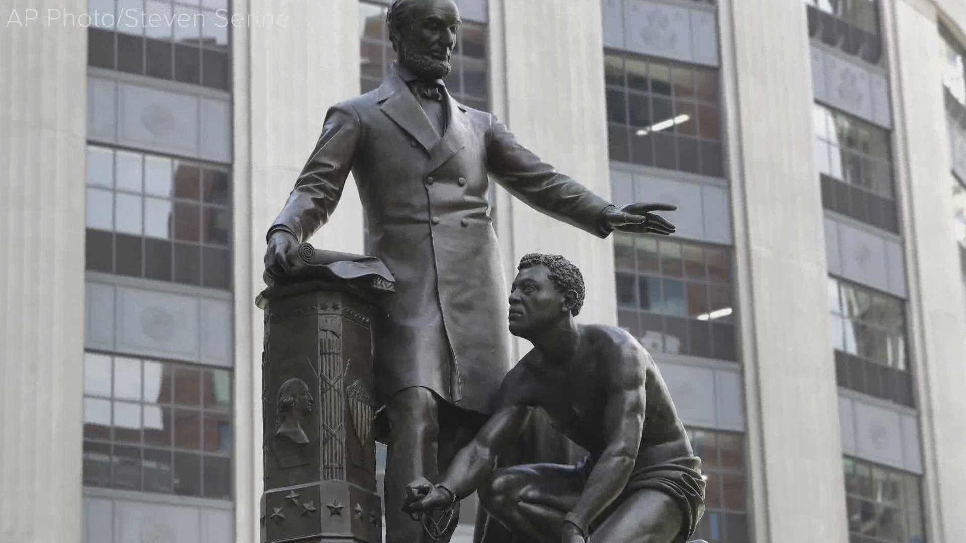 The monument was created to celebrate the freeing of slaves. Many objected to the optics of a Black man kneeling before Lincoln.