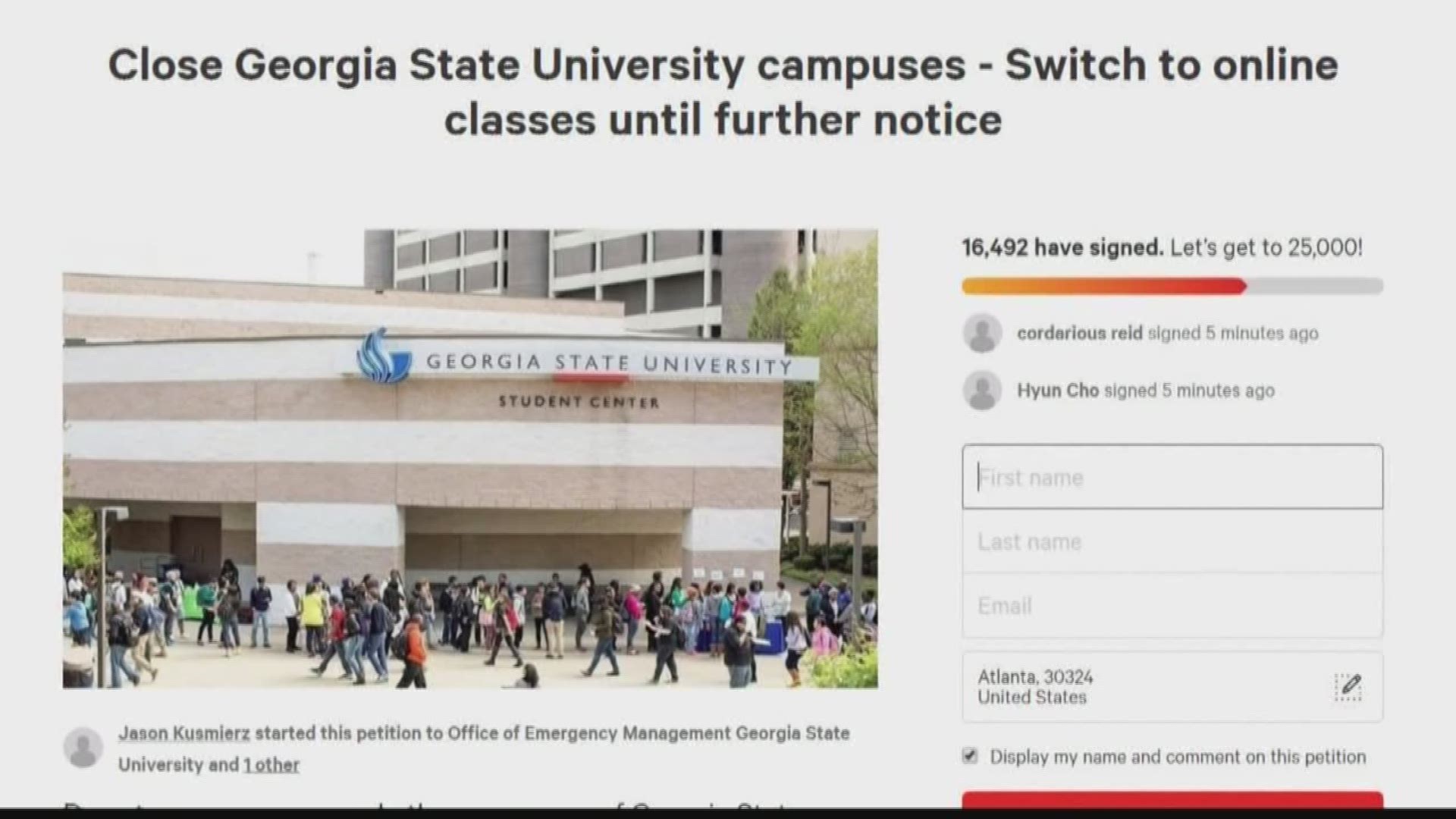 The petition, started Monday, seeks to shift classes to an online-only format, following the lead of other major universities around the nation.